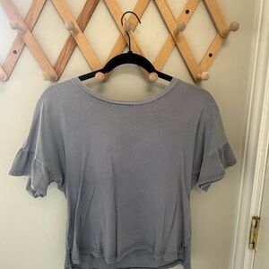 Abercrombie and Fitch Women's Ruffle Sleeve T- Shirt - Garment washed blue